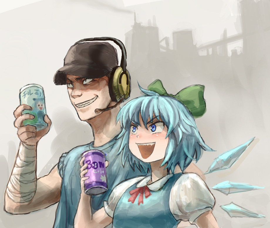 1boy 1girl bandaged_arm bandages baseball_cap blue_dress blue_eyes blue_hair bowtie can cirno crossover dress drink evil_grin evil_smile grin hair_ornament hair_ribbon hat headset ice ice_wings omaesan_(camp-192) open_mouth parody pose puffy_sleeves ribbon shirt short_hair short_sleeves smile t-shirt team_fortress_2 the_scout touhou vest wings