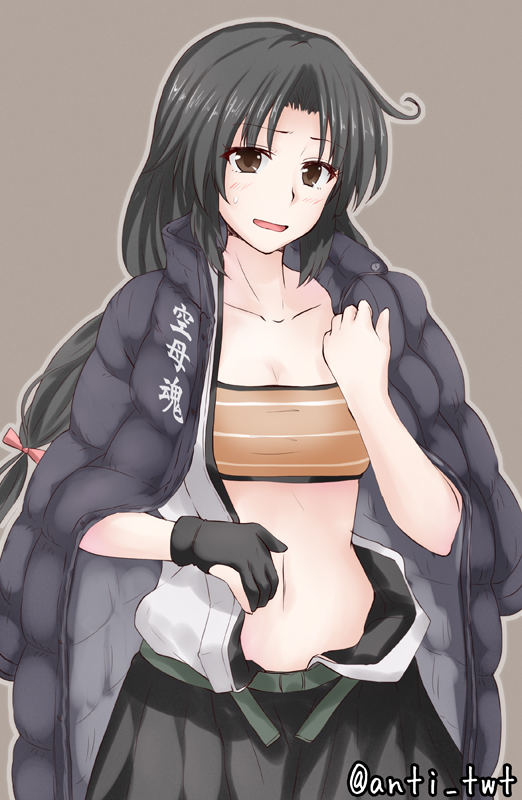1girl anti_(untea9) bandeau black_gloves black_hair black_skirt blush brown_eyes coat collarbone gloves jacket_on_shoulders japanese_clothes kantai_collection long_hair looking_at_viewer navel open_mouth pleated_skirt shouhou_(kantai_collection) simple_background skirt solo sweat twitter_username upper_body winter_clothes winter_coat yugake