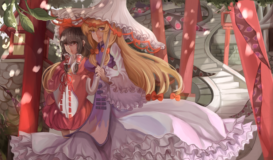 2girls adapted_costume after_rain ascot blonde_hair bow breasts brown_hair dappled_sunlight dress ears expressionless eyes flame_print frilled_dress frills gap hair_bow hair_tubes hakurei_reimu hands_together holding_umbrella large_breasts long_hair long_sleeves looking_at_viewer looking_to_the_side mimo multiple_girls petals red_eyes red_skirt ribbon-trimmed_sleeves ribbon_trim side-by-side skirt smile sparkle stairs stairway stone_wall tabard touhou umbrella very_long_hair violet_eyes wall water_droplets white_dress wide_sleeves wind wooden_lantern yakumo_yukari
