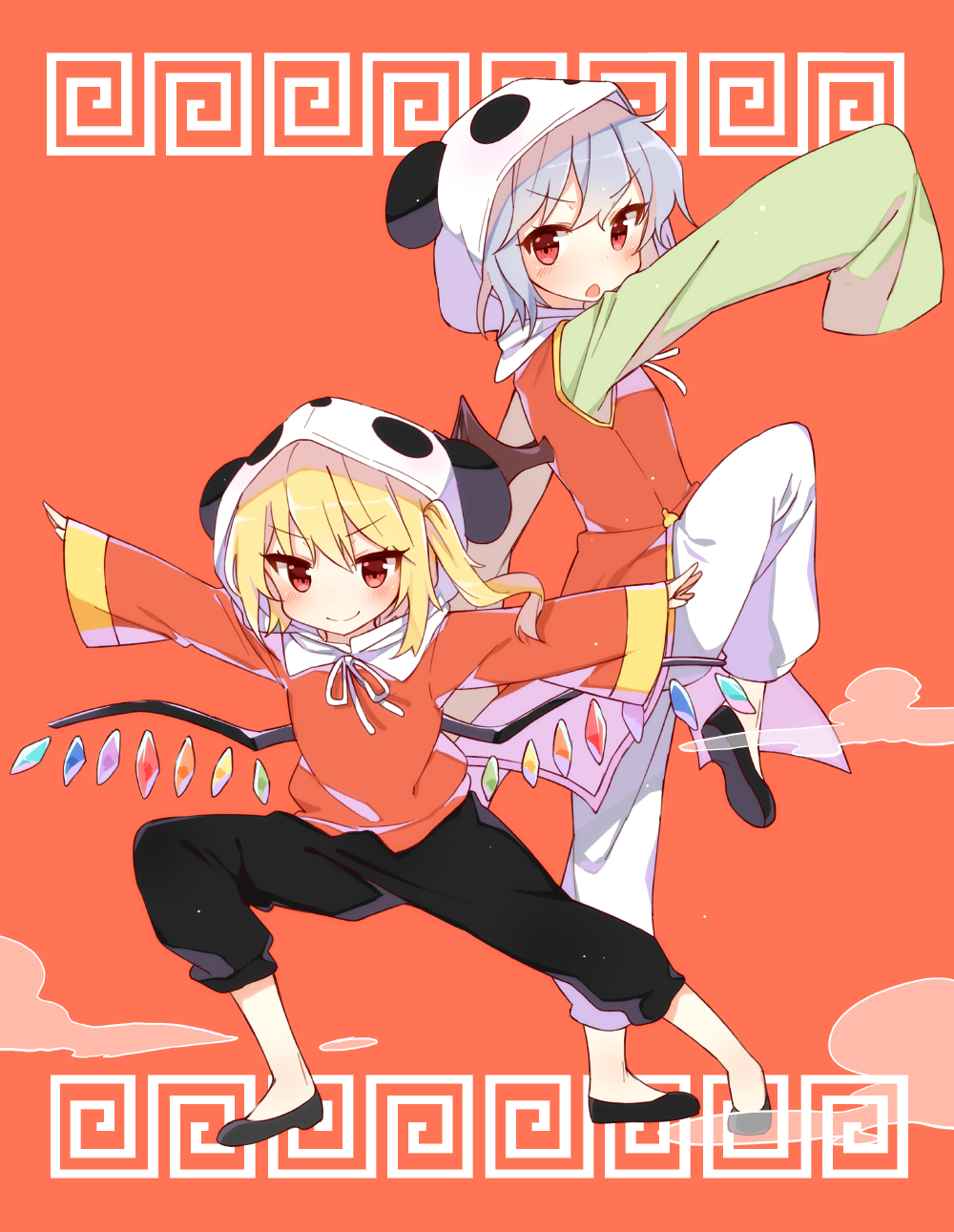 2girls alternate_costume alternate_headwear animal_ears animal_hood bat_wings blonde_hair blue_hair blush bowtie crystal fake_animal_ears fighting_stance flandre_scarlet full_body highres hood leg_up long_sleeves looking_at_viewer multiple_girls open_mouth outstretched_arms panda_ears pants red_background red_eyes remilia_scarlet shinoba shirt shoes short_hair side_ponytail smile touhou vest wide_sleeves wings
