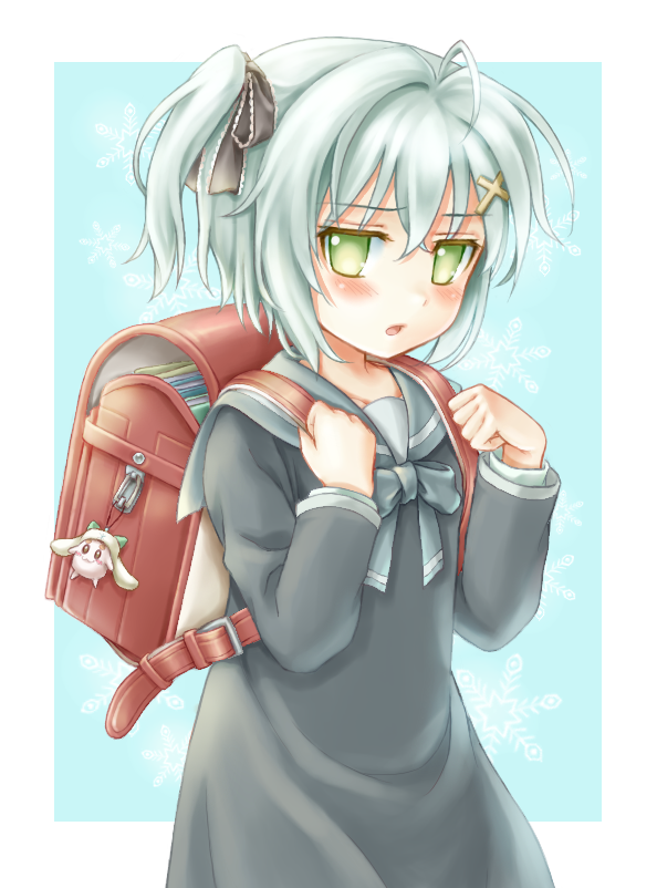 1girl rn backpack bag blush copyright_request cross_hair_ornament green_eyes hair_ornament hair_ribbon looking_at_viewer navel porocha randoseru ribbon school_uniform silver_hair solo twintails