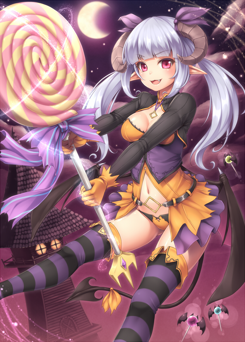 1girl bat_wings blue_hair breasts candy cleavage crescent_moon demon_girl gloves horns lollipop long_hair moon navel night original panties red_eyes sand-rain sasaame solo striped striped_legwear thigh-highs twintails underwear wings