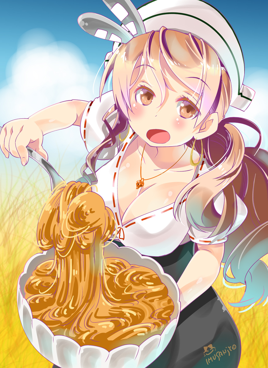 1girl alternate_costume artist_name black_skirt blush breasts brown_eyes casual cleavage collarbone hair_ornament headdress highres imu_sanjo jewelry kantai_collection light_brown_hair littorio_(kantai_collection) looking_at_viewer necklace open_mouth pasta ponytail skirt solo wavy_hair