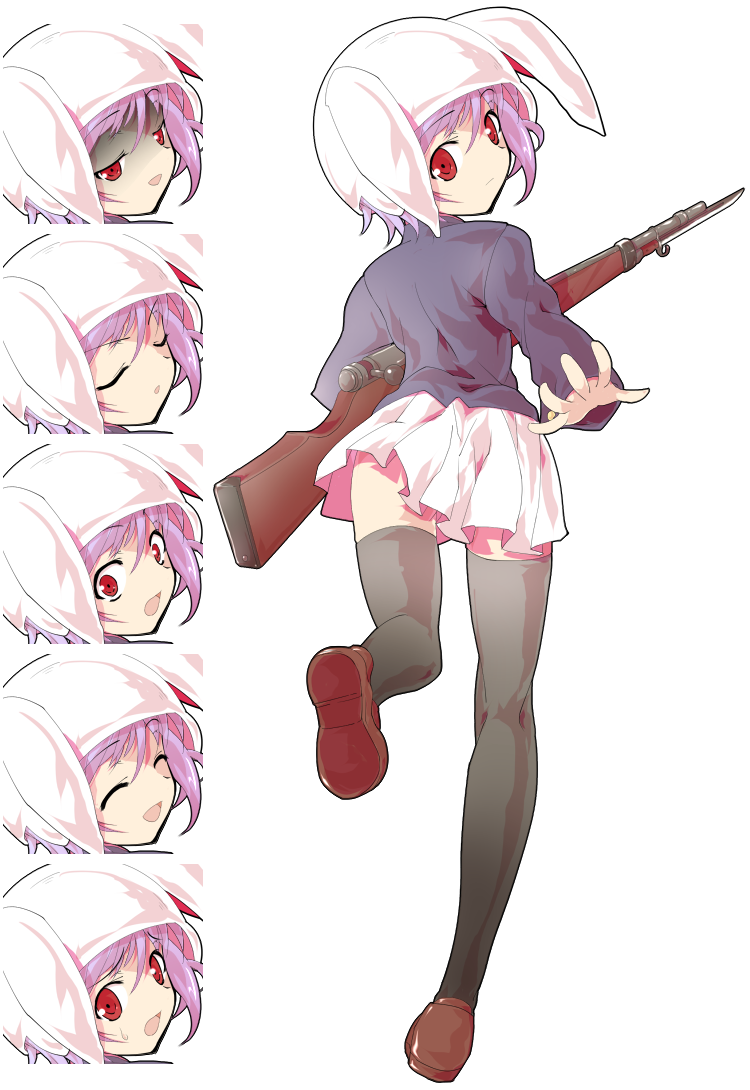 1girl ^_^ animal_hood ass bayonet black_legwear blazer bolt_action bunny_hood closed_eyes dairi expressions frown gun loafers nervous outstretched_arm red_eyes reisen rifle shoes short_hair skirt solo surprised sweatdrop thigh-highs touhou turn_pale weapon