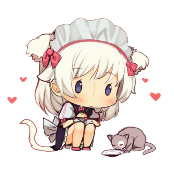 1girl animal_ears apron blue_eyes blush cat cat_ears cat_tail chibi eventh7 maid maid_headdress original silver_hair simple_background sketch solo tail