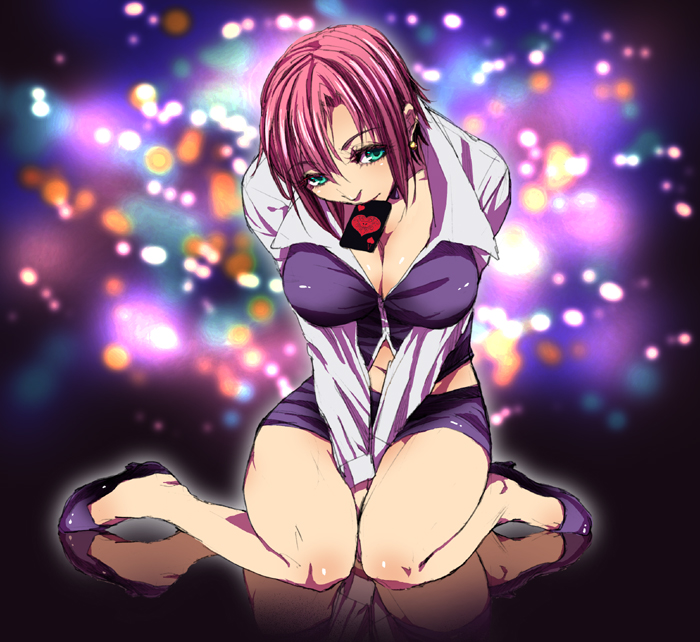 1girl ace_of_spades breasts card cleavage croupier ear_studs earrings full_body green_eyes high_heels jewelry large_breasts midriff miniskirt mouth_hold navel oro_(sumakaita) pencil_skirt pink_hair playing_card rio_rollins short_hair sitting skirt solo super_blackjack v_arms wariza