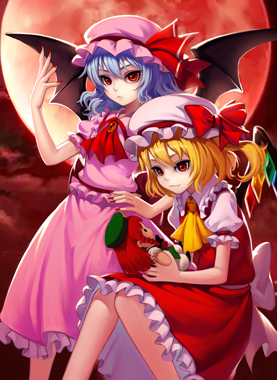 2girls bat_wings blonde_hair blue_hair character_doll fang fkey flandre_scarlet highres hong_meiling hst multiple_girls red_eyes remilia_scarlet short_hair touhou wings