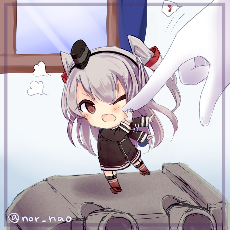 1boy 1girl admiral_(kantai_collection) annoyed chibi flailing gloves hair_tubes hat kantai_collection long_hair long_sleeves multicolored_legwear musical_note nor_nao one_eye_closed open_mouth out_of_frame poking sailor_collar sailor_dress silver_hair spoken_musical_note striped striped_legwear twitter_username two_side_up wavy_mouth