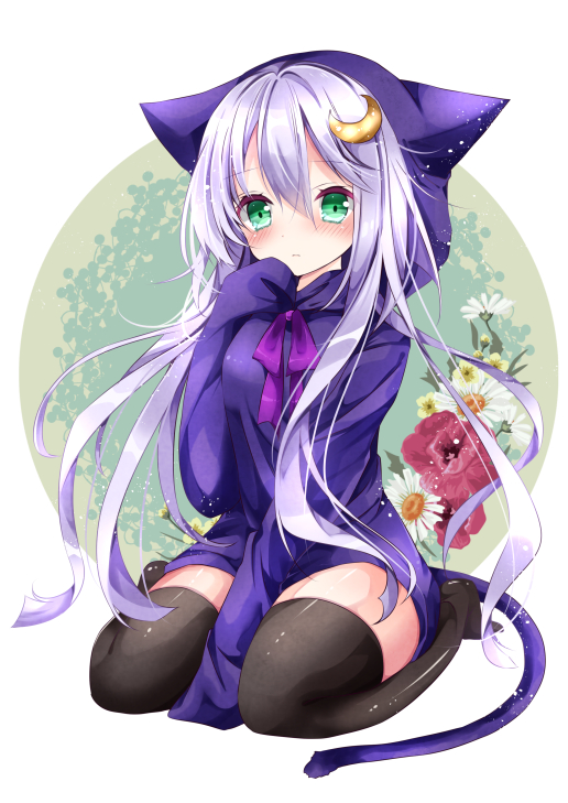 1girl alternate_costume animal_ears animal_hood black_legwear blush cat_hood cat_tail crescent_hair_ornament green_eyes hair_ornament hand_to_own_mouth hood hoodie kantai_collection looking_at_viewer nanase_nao purple_hair short_hair short_hair_with_long_locks sitting sleeves_past_wrists solo tail thigh-highs wariza yayoi_(kantai_collection)