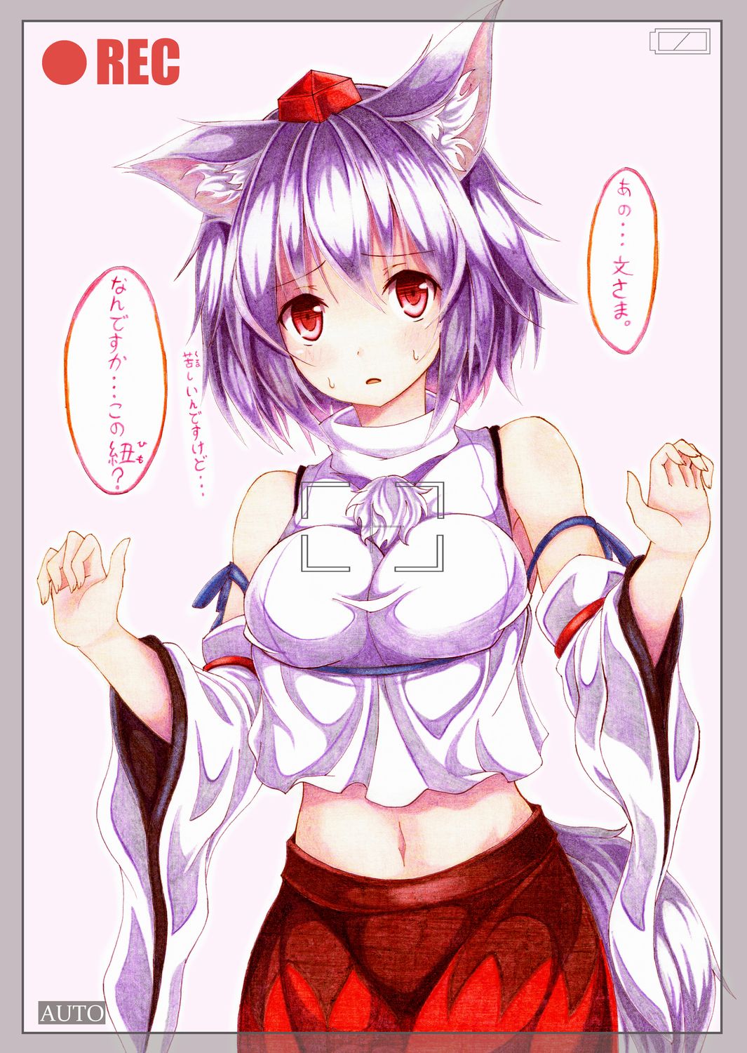 1girl animal_ears bare_shoulders blue_ribbon blush breasts detached_sleeves embarrassed hat highres inubashiri_momiji kittona large_breasts looking_at_viewer midriff navel open_mouth pom_pom_(clothes) red_eyes rei_no_himo ribbon ribbon-trimmed_sleeves ribbon_trim short_hair silver_hair simple_background skirt solo sweat tagme tail tokin_hat touhou translation_request white_background wolf_ears wolf_tail