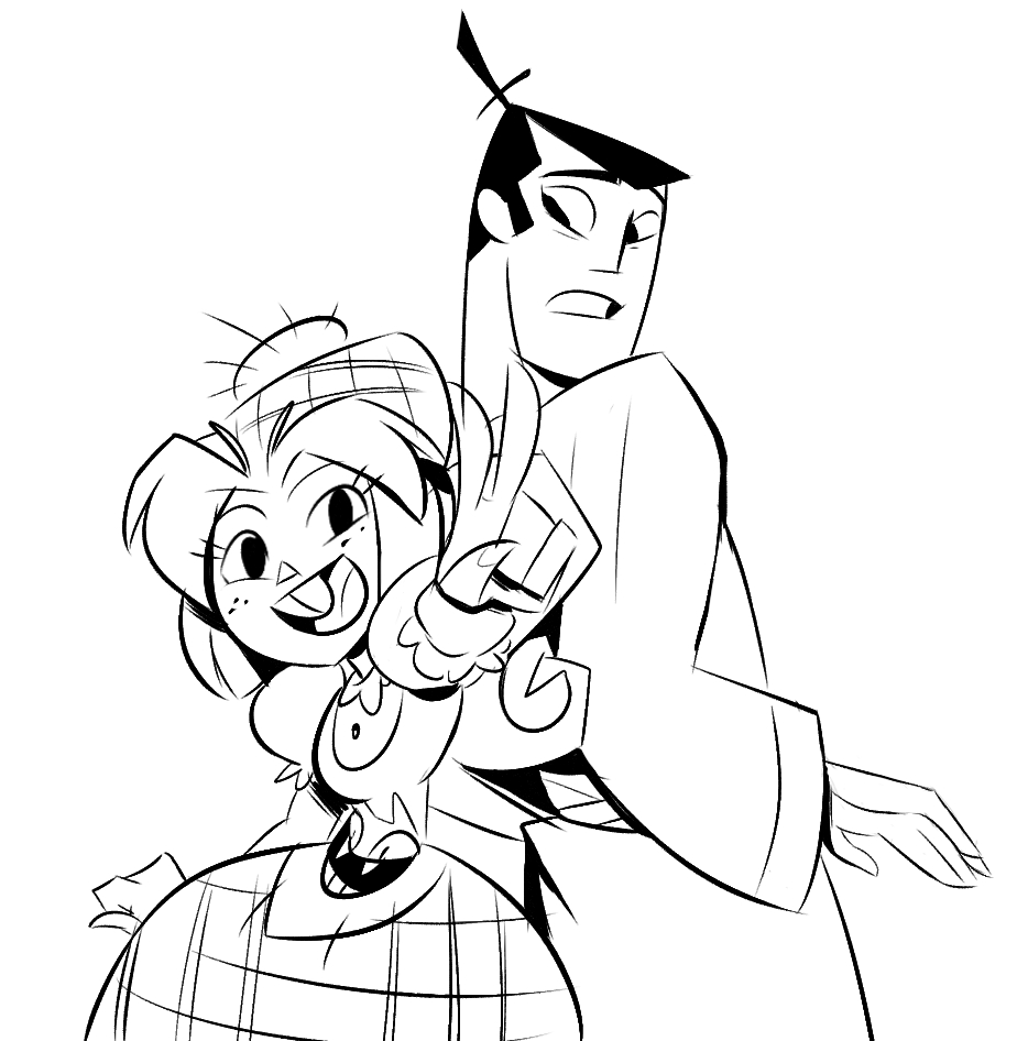 1boy 1girl back-to-back buck_teeth ed_herny freckles genderswap height_difference japanese_clothes kimono monochrome official_style puffy_sleeves samurai_jack samurai_jack_(character) the_scotsman topknot v