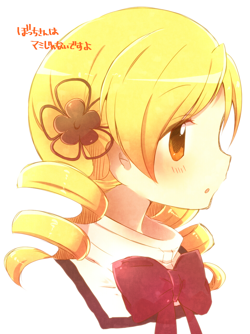 1girl blonde_hair blush bow drill_hair hair_ornament hairpin highres kabuyou long_hair mahou_shoujo_madoka_magica official_style orange_eyes red_bow school_uniform solo tomoe_mami translation_request twin_drills