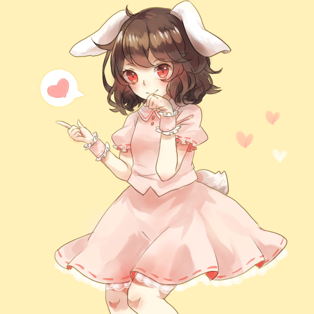 1girl animal_ears arm_up bent_knees brown_hair bunny_tail dress hand_on_own_chin heart inaba_tewi index_finger_raised light_smile looking_at_viewer murro_mi petticoat pink_dress rabbit_ears red_eyes short_hair simple_background solo spoken_heart tail touhou wrist_cuffs yellow_background