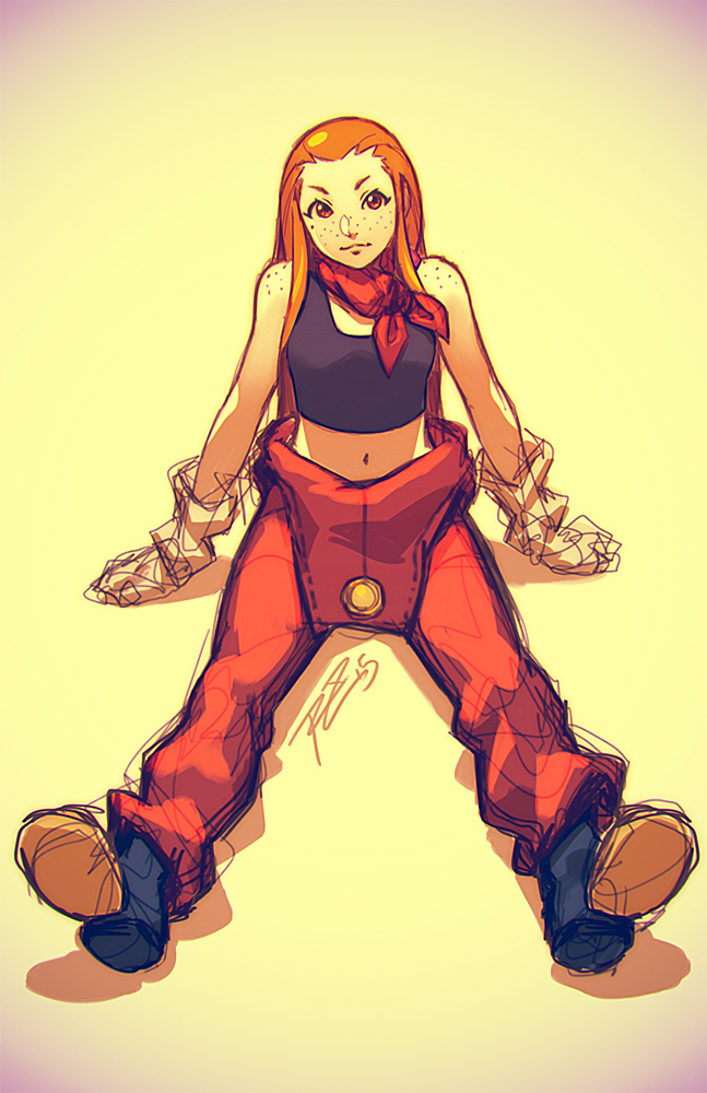 1girl boots brown_eyes cryamore esmyrelda_maximus freckles full_body gloves hair_down long_hair midriff navel neckerchief orange_hair overalls robert_porter sitting sketch small_breasts solo tank_top