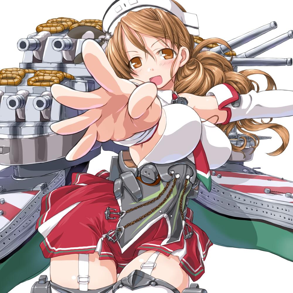 1girl blush bouncing_breasts breasts brown_eyes brown_hair cannon corset dd_(ijigendd) detached_sleeves garter_straps headdress kantai_collection large_breasts littorio_(kantai_collection) long_hair looking_at_viewer machinery miniskirt necktie open_mouth pleated_skirt ponytail shirt skirt sleeveless sleeveless_shirt solo thigh-highs wavy_hair zettai_ryouiki