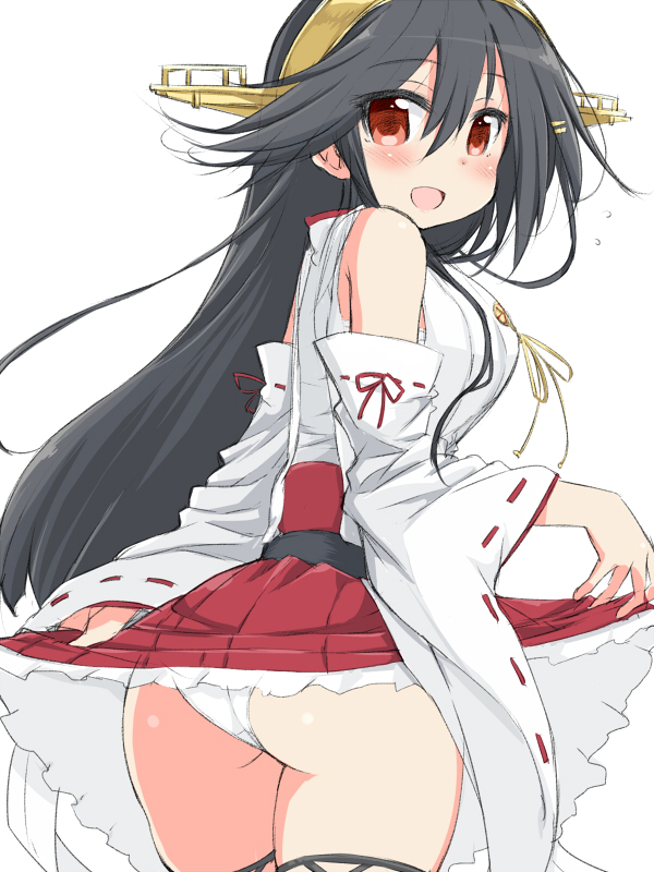 1girl ass bare_shoulders black_hair blush breasts detached_sleeves hair_ornament hairband hairclip haruna_(kantai_collection) japanese_clothes kantai_collection large_breasts long_hair looking_at_viewer looking_back naitou_kouse nontraditional_miko open_mouth panties simple_background skirt skirt_lift smile solo thigh-highs underwear white_background white_panties