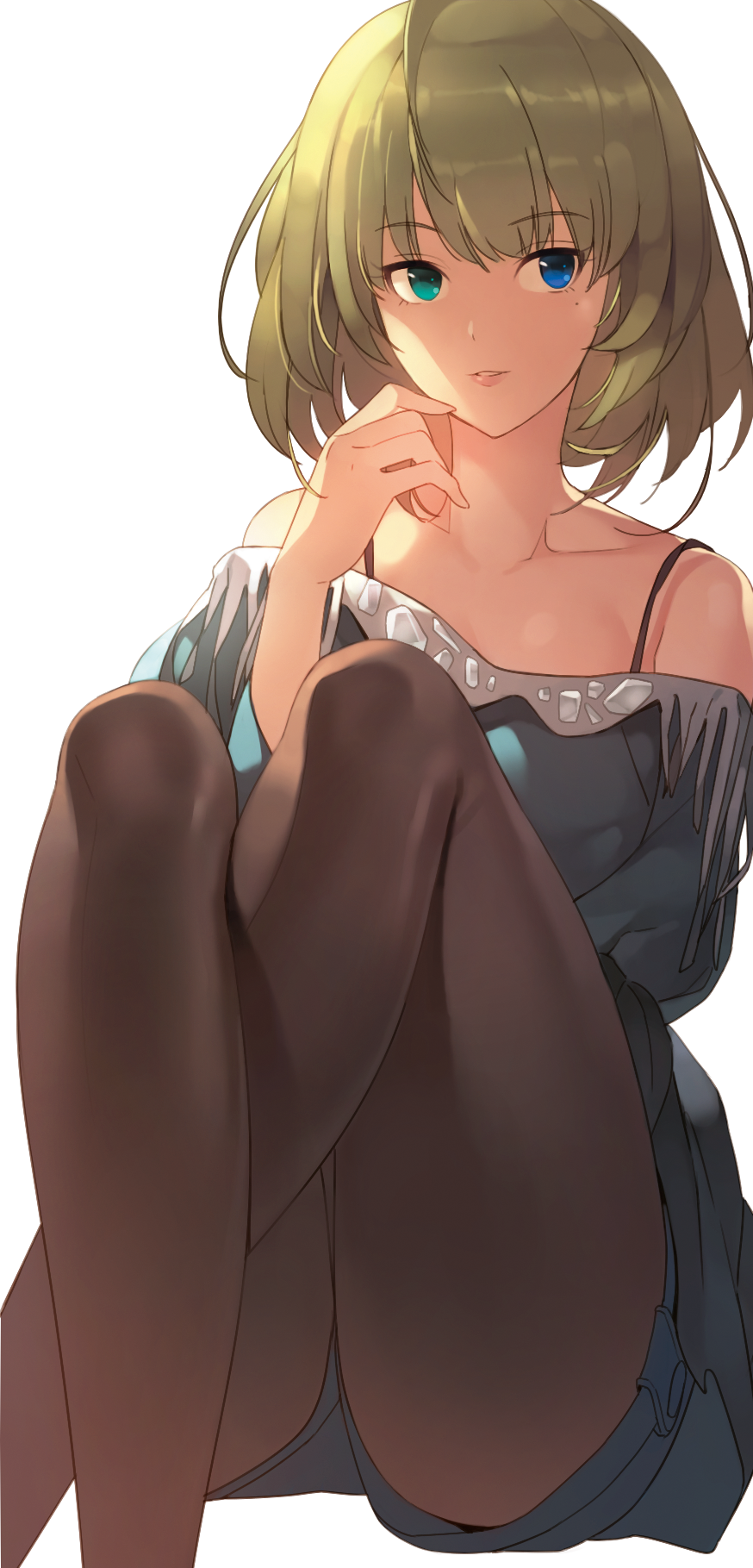 1girl bare_shoulders blue_eyes brown_hair green_eyes heterochromia highres idolmaster idolmaster_cinderella_girls jandy mole pantyhose short_hair solo takagaki_kaede