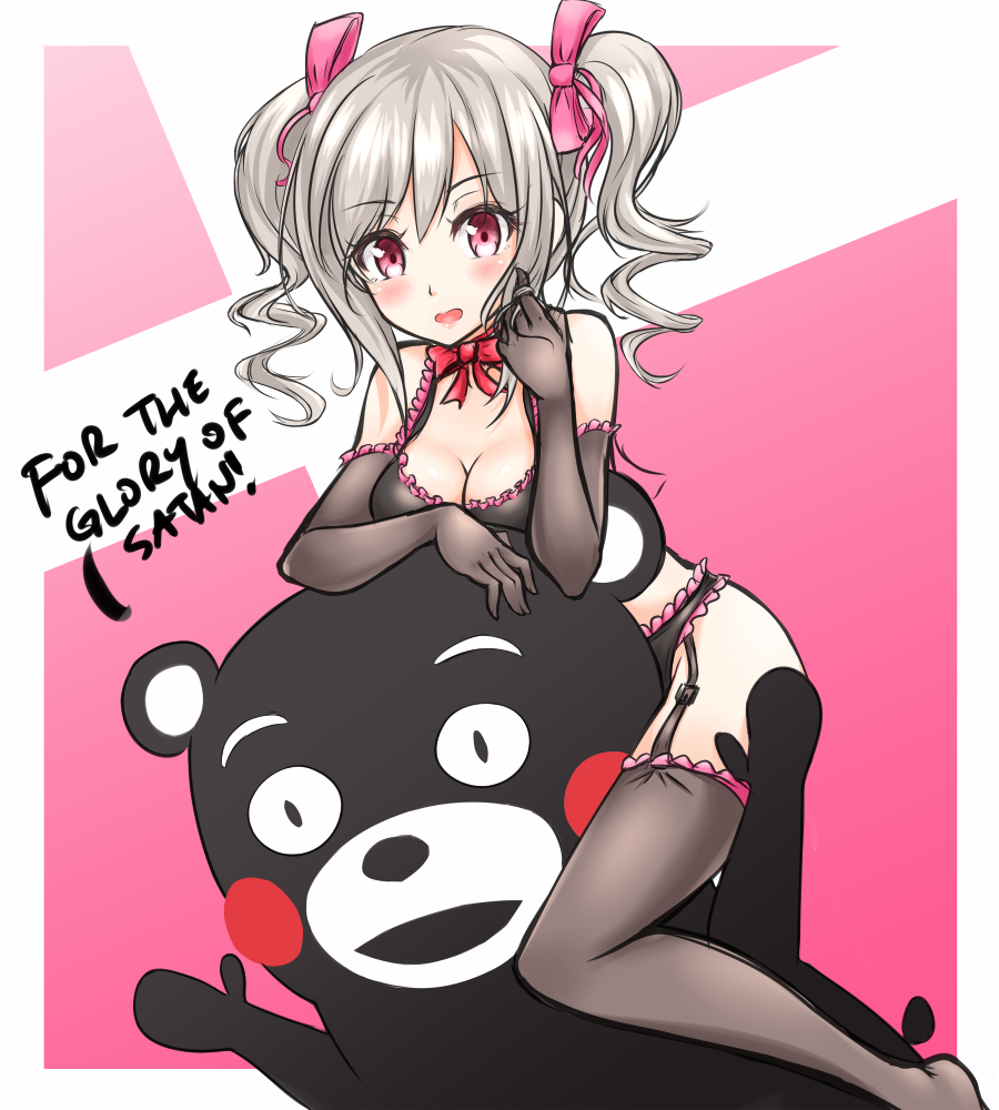 1girl black_bra black_gloves black_legwear black_panties blush bow bra breasts cleavage drill_hair elbow_gloves english frilled_gloves frilled_panties frilled_thighighs frills garter_straps geckolion gloves hair_bow idolmaster idolmaster_cinderella_girls kanzaki_ranko kumamon lingerie long_hair looking_at_viewer open_mouth panties silver_hair sketch thigh-highs twin_drills twintails underwear underwear_only violet_eyes