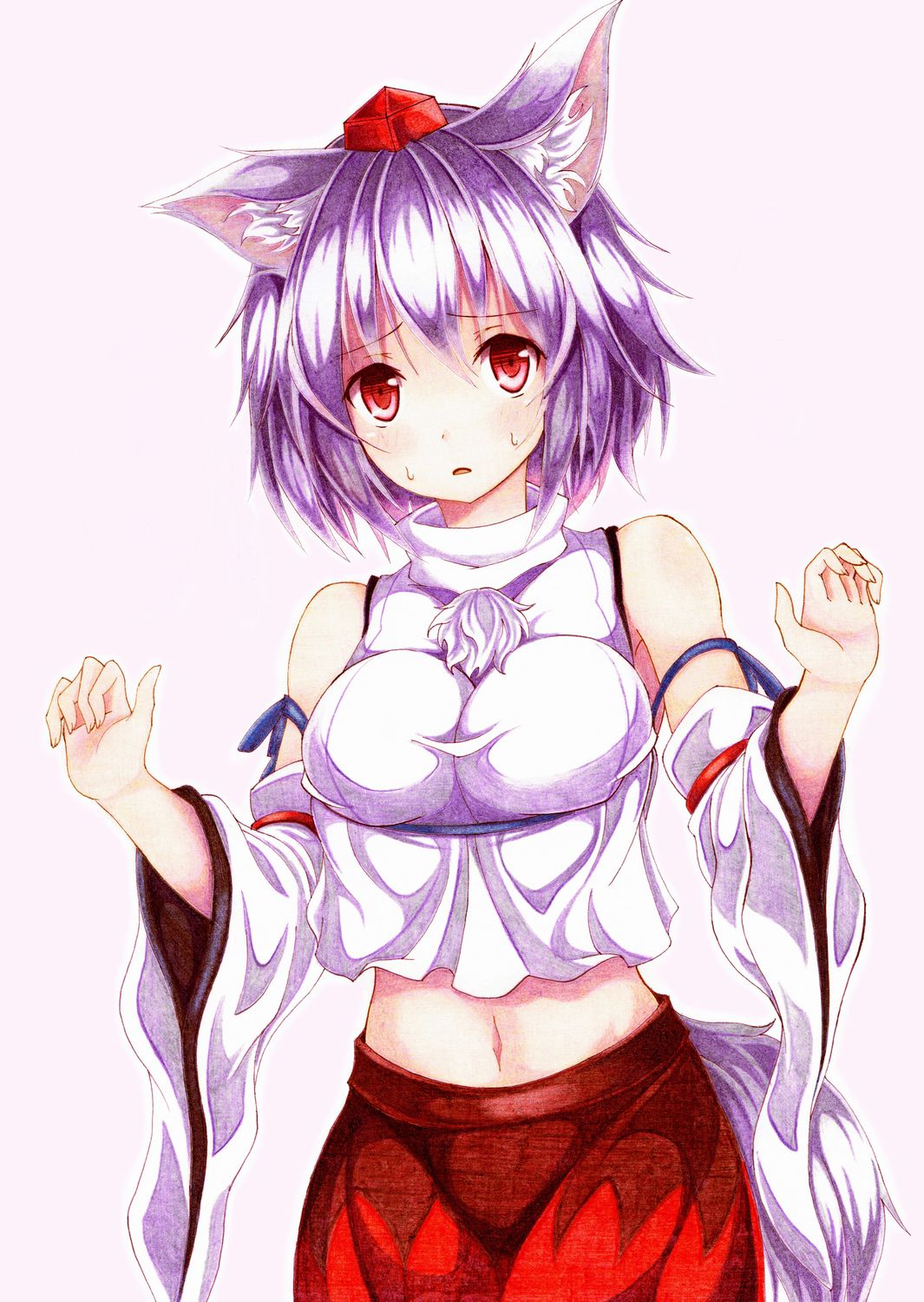 1girl animal_ears bare_shoulders blue_ribbon blush breasts detached_sleeves embarrassed hat highres inubashiri_momiji kittona large_breasts looking_at_viewer midriff navel open_mouth pom_pom_(clothes) red_eyes rei_no_himo ribbon ribbon-trimmed_sleeves ribbon_trim short_hair silver_hair simple_background skirt solo sweat tail tokin_hat touhou white_background wolf_ears wolf_tail