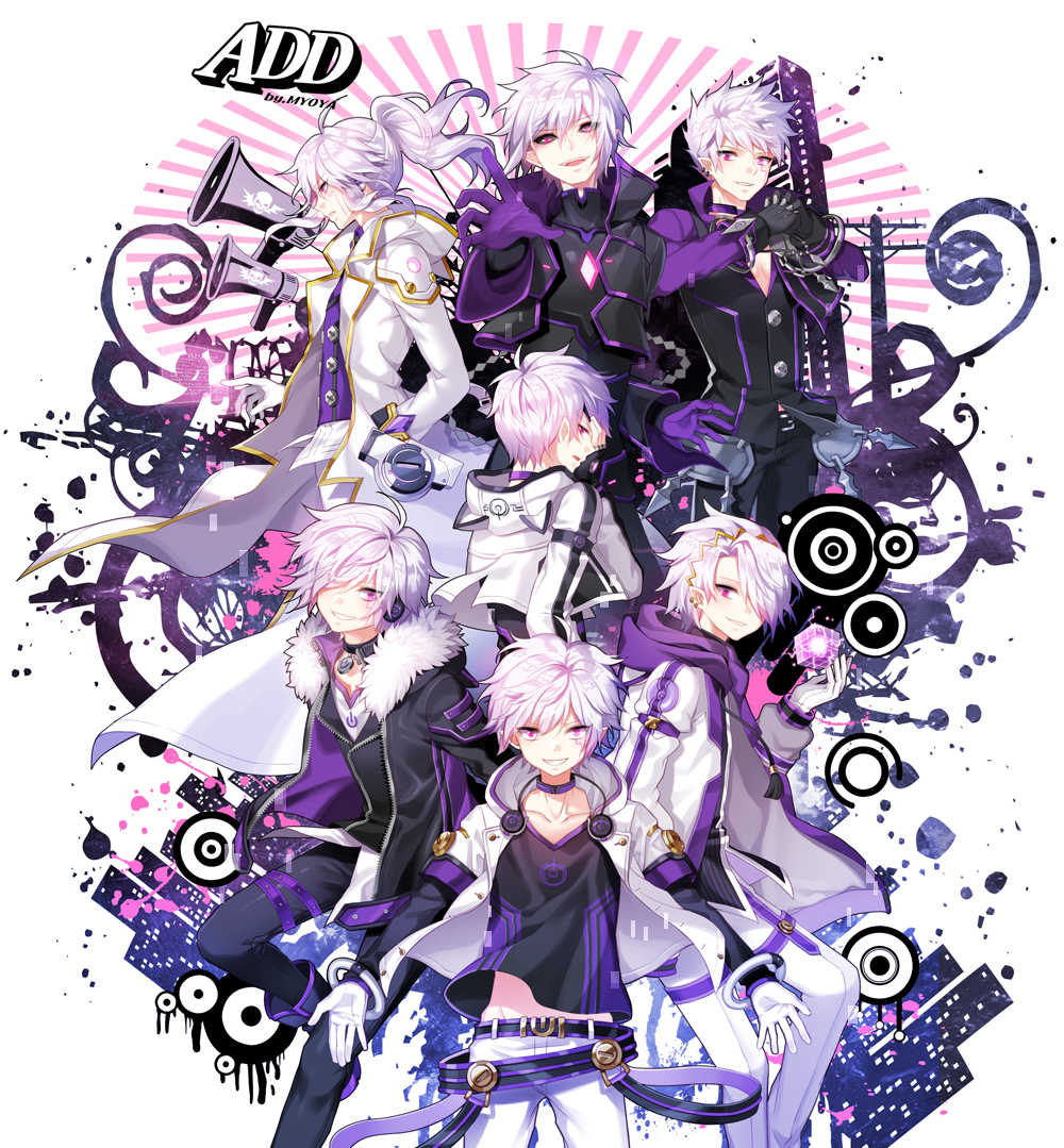 6+boys add_(elsword) artist_name belt black_gloves black_sclera bodysuit character_name choker coat elsword facial_mark gloves hoodie jacket long_hair male_focus multiple_boys multiple_persona myoya pants ponytail tattoo violet_eyes white_gloves white_hair