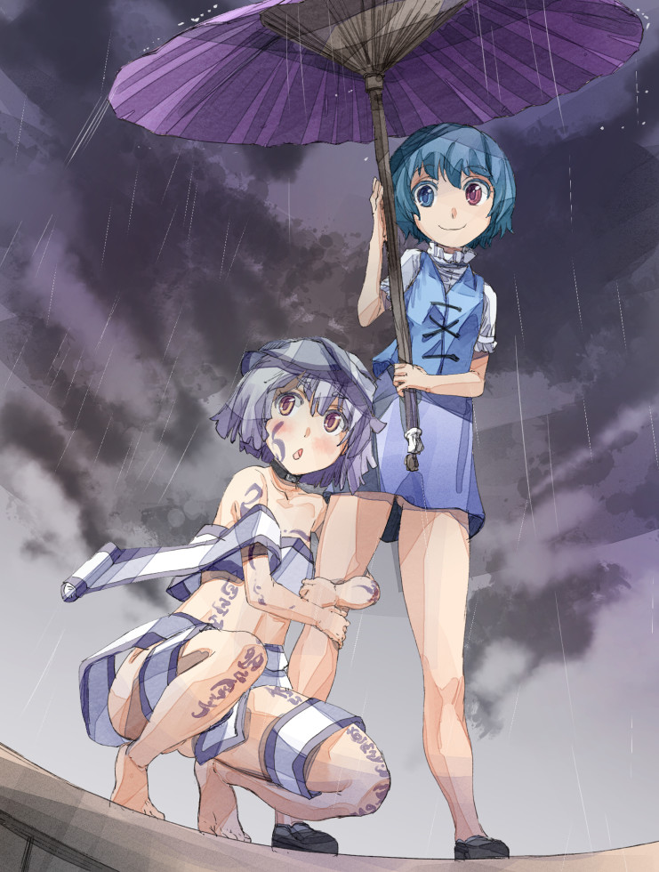 2girls bare_legs blue_eyes blue_hair blush heterochromia leg_hug loafers markings multiple_girls open_mouth oriental_umbrella personification pink_eyes rain red_eyes shoes short_hair silver_hair skirt skirt_set smile sorcerer's_sutra_scroll squatting tatara_kogasa touhou umbrella yohane