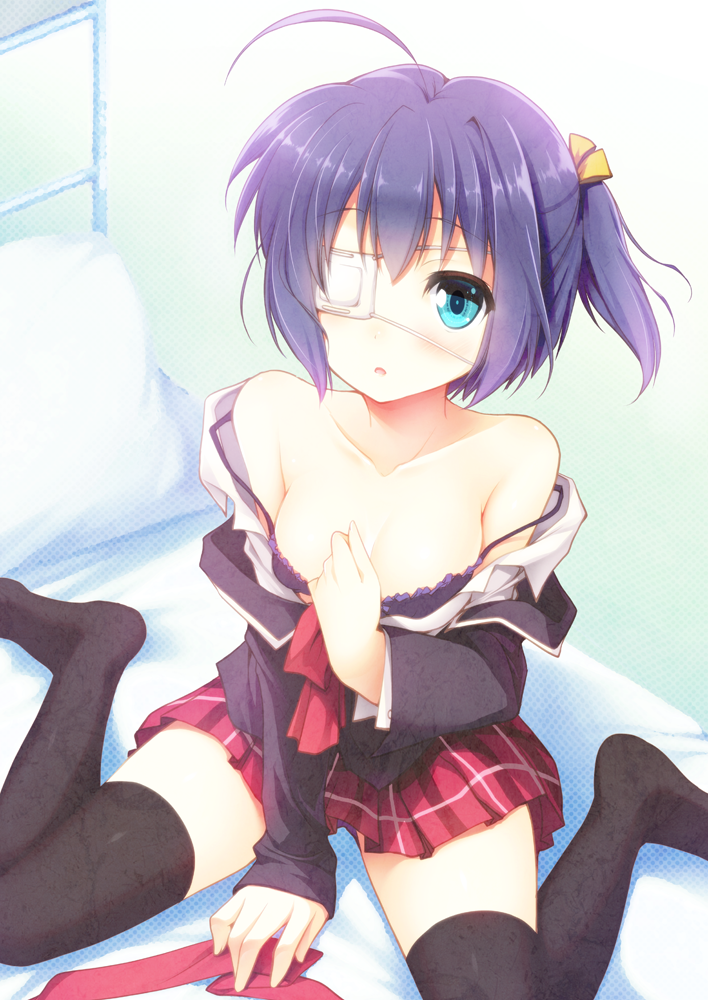 1girl ahoge bare_shoulders black_legwear blazer blue_eyes blue_hair blush bra breasts chuunibyou_demo_koi_ga_shitai! cleavage clothes_down eyepatch gunp hair_ribbon looking_at_viewer off_shoulder open_clothes open_mouth plaid plaid_skirt ribbon school_uniform short_hair side_ponytail sitting skirt solo strap_slip takanashi_rikka thigh-highs underwear wariza