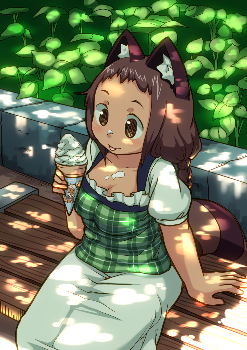 1girl :p arm_support bench braid brown_eyes brown_hair collarbone food highres ice_cream long_hair messy original plaid plant raccoon_tail short_sleeves skirt smile solo tail tongue tongue_out yutturi