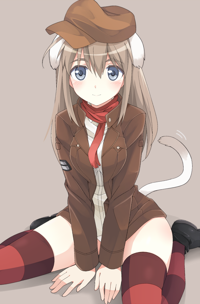 1girl animal_ears blue_eyes blush breasts brown_hair cat_ears hat jacket long_hair looking_at_viewer mobu scarf simple_background sitting smile solo strike_witches striped striped_legwear tail thigh-highs wariza wilma_bishop