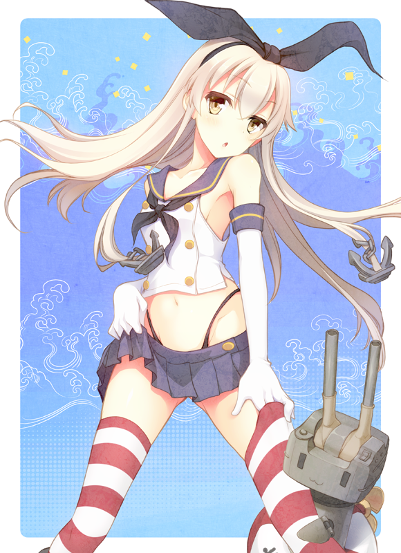 1girl anchor_hair_ornament bare_shoulders black_panties blonde_hair blush crop_top elbow_gloves gloves gunp hair_ornament highleg highleg_panties kantai_collection long_hair looking_at_viewer miniskirt navel open_mouth panties rensouhou-chan shimakaze_(kantai_collection) skirt solo striped striped_legwear thigh-highs underwear white_gloves yellow_eyes