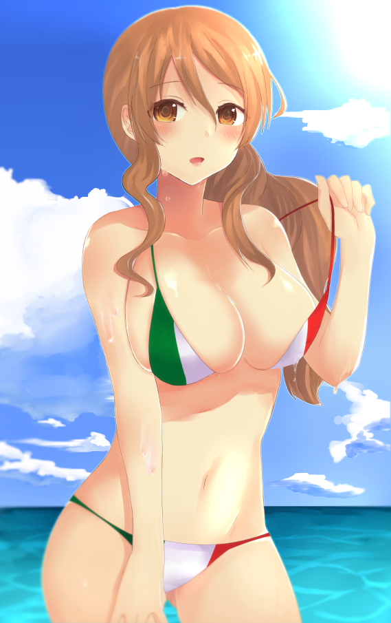 1girl bikini brown_eyes brown_hair flag_print italy kantai_collection littorio_(kantai_collection) long_hair moshoko_(mizuneroku) swimsuit