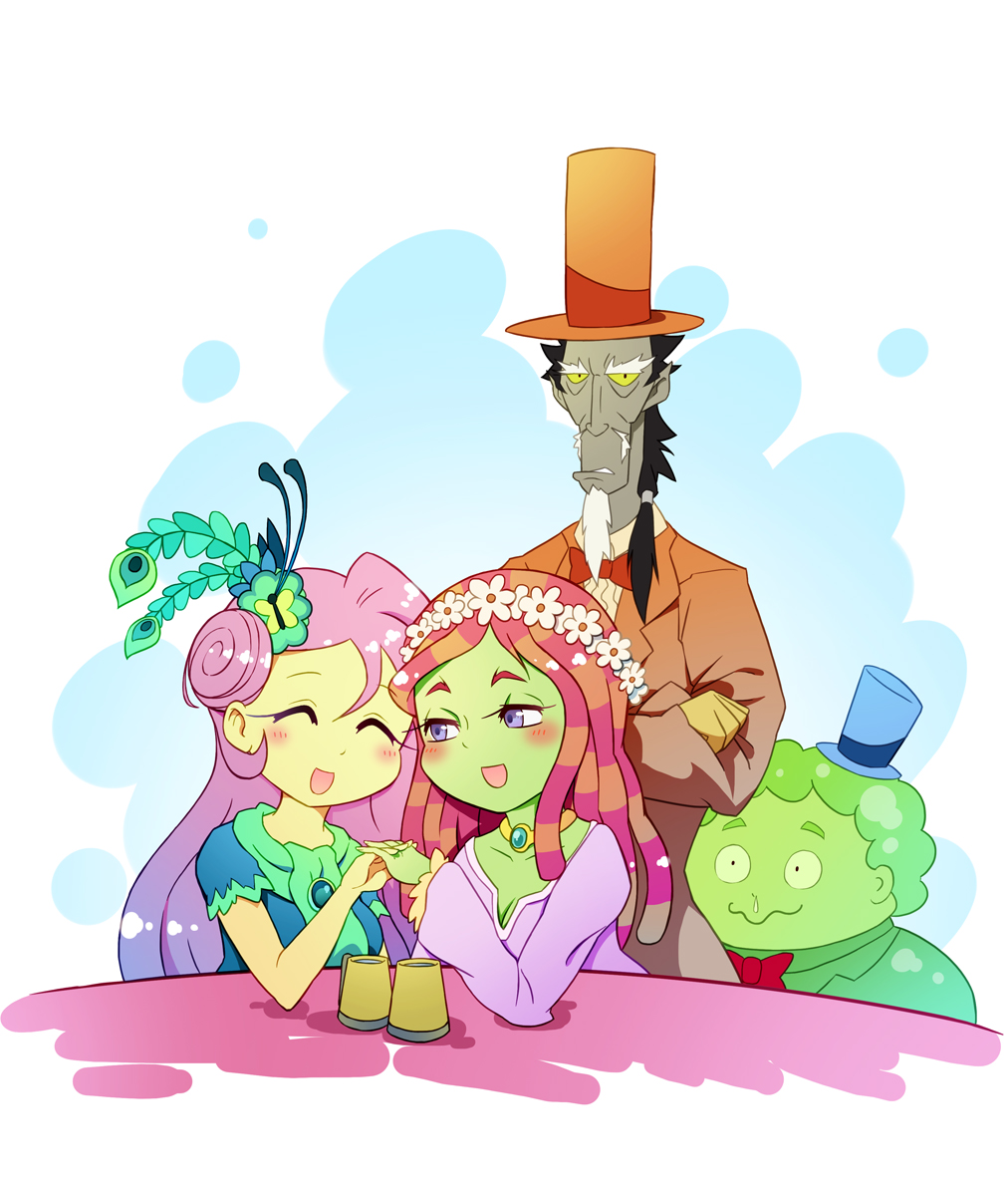 commentary_request discord_(my_little_pony) fluttershy formal hat my_little_pony my_little_pony_friendship_is_magic personification smooze top_hat tree_hugger xin_yu_hua_yin