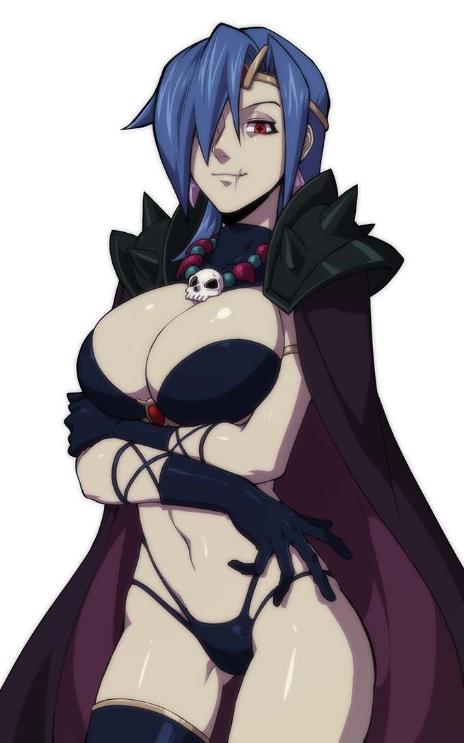 bikini blue_hair breast_squeeze breasts cape cleavage cosplay ganno gloves jewelry large_breasts naga_the_serpent navel necklace pauldrons red_eyes scar short_hair skull skullgirls slayers swimsuit symbol-shaped_pupils valentine_(skullgirls)