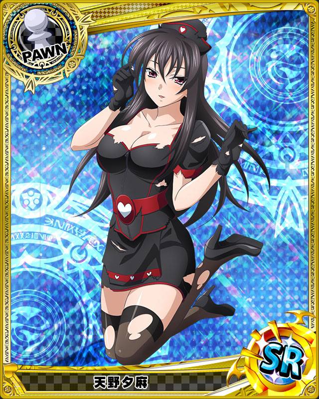 1girl amano_yuuma artist_request black_hair blue_background breasts card_(medium) character_name chess_piece cleavage gloves hat high_heels high_school_dxd long_hair nurse nurse_cap official_art pawn raynare solo thigh-highs torn_clothes trading_cards