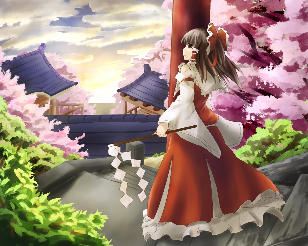 1girl architecture bow brown_hair cherry_blossoms clouds cloudy_sky detached_sleeves east_asian_architecture fen_zuo gohei hair_bow hair_tubes hakurei_reimu pillar ponytail profile red_eyes short_hair skirt skirt_set sky solo stairway touhou tree twilight