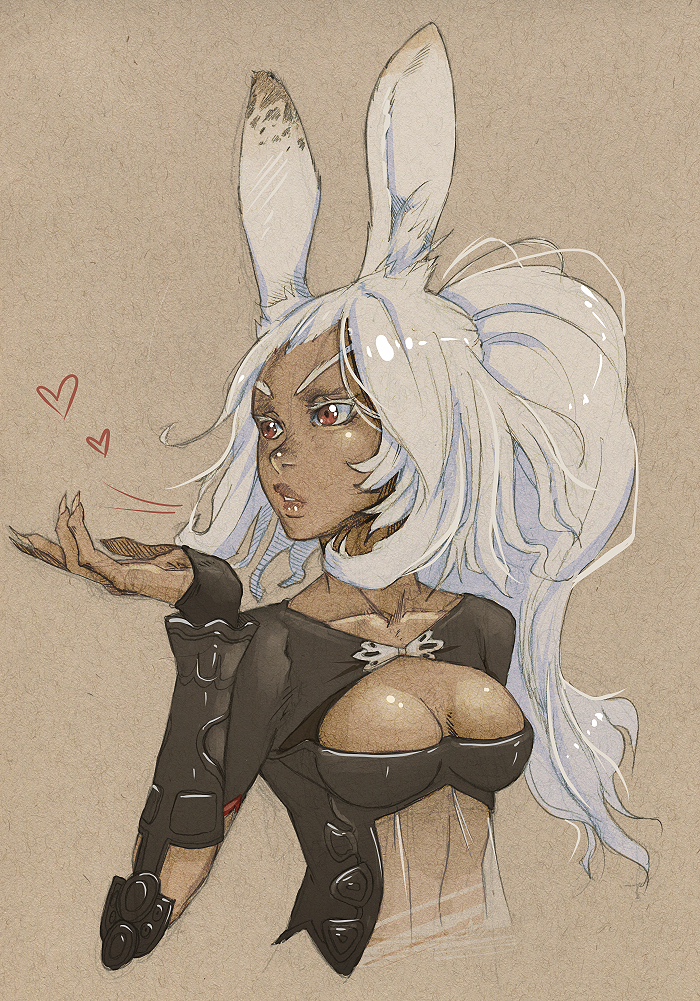 1girl animal_ears blown_kiss breasts cleavage dark_skin final_fantasy final_fantasy_xii fran lips long_hair nose rabbit_ears red_eyes revealing_clothes see-through solo upper_body vambraces viera whistle_frog white_hair