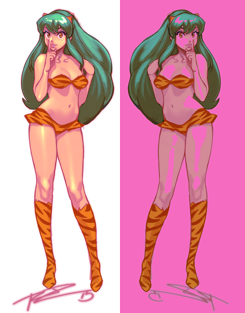 1girl bikini boots breasts brown_eyes commentary contrapposto eyeshadow finger_to_mouth full_body green_hair horns knee_boots lips long_hair lum makeup mirror_image navel oni pink_background robert_porter shushing solo strapless swimsuit tiger_print urusei_yatsura white_background