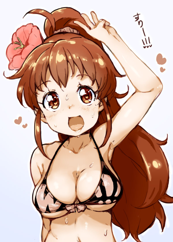 1girl :d ahoge arm_up bikini blush breasts brown_eyes brown_hair cleavage flower front-tie_top hair_flower hair_ornament large_breasts long_hair looking_at_viewer open_mouth ponytail randou simple_background smile solo swimsuit taneshima_popura translation_request upper_body working!!