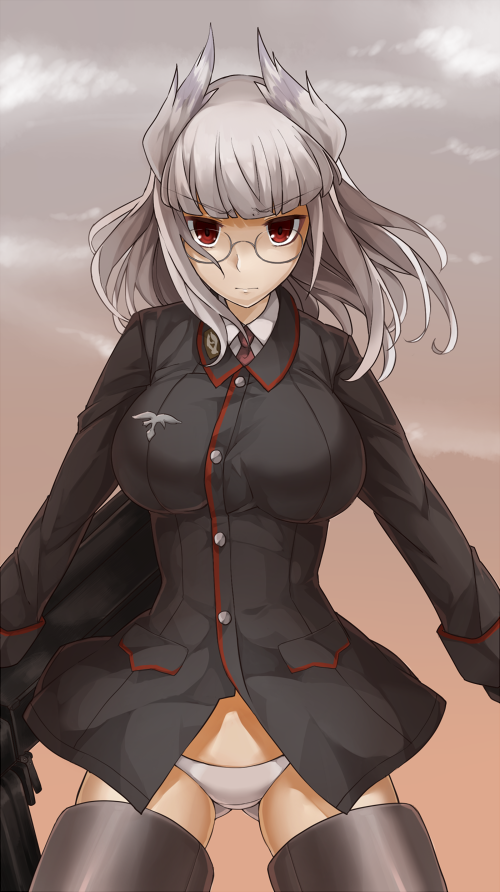 1girl breasts commentary eiri_(eirri) glasses gloves head_wings heidimarie_w_schnaufer large_breasts long_hair looking_at_viewer military military_uniform no_pants panties red_eyes silver_hair solo strike_witches striker_unit underwear uniform white_panties
