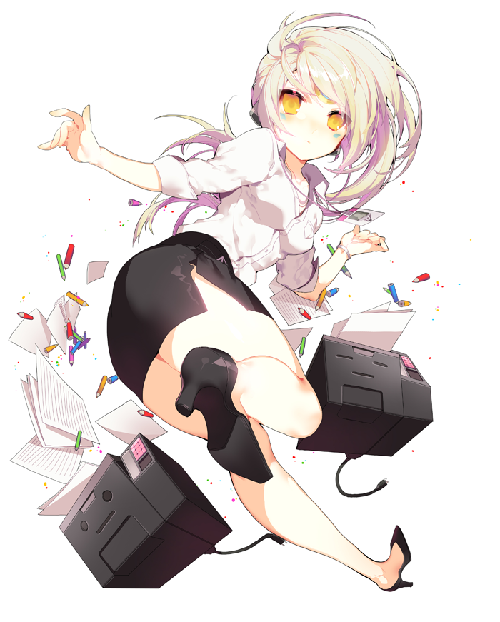 1girl black_shoes black_skirt elsword eve_(elsword) high_heels long_hair pika_(kai9464) shirt shoes skirt solo teacher white_background white_hair white_shirt yellow_eyes