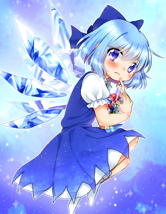 1girl barefoot blue_background blue_dress blue_eyes blue_hair blush cirno dress flower frozen gradient gradient_background hair_ornament hair_ribbon ice ice_wings looking_at_viewer namino. puffy_sleeves ribbon short_hair short_sleeves socks solo tears touhou vest white_legwear wings