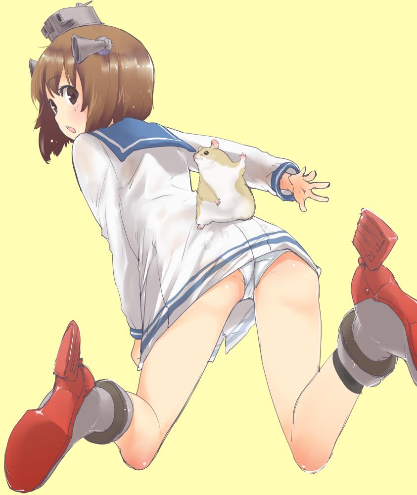 ass brown_eyes brown_hair hair_ornament hamster headgear kantai_collection mozu_(peth) panties pantyshot sailor_dress short_hair underwear yukikaze_(kantai_collection)