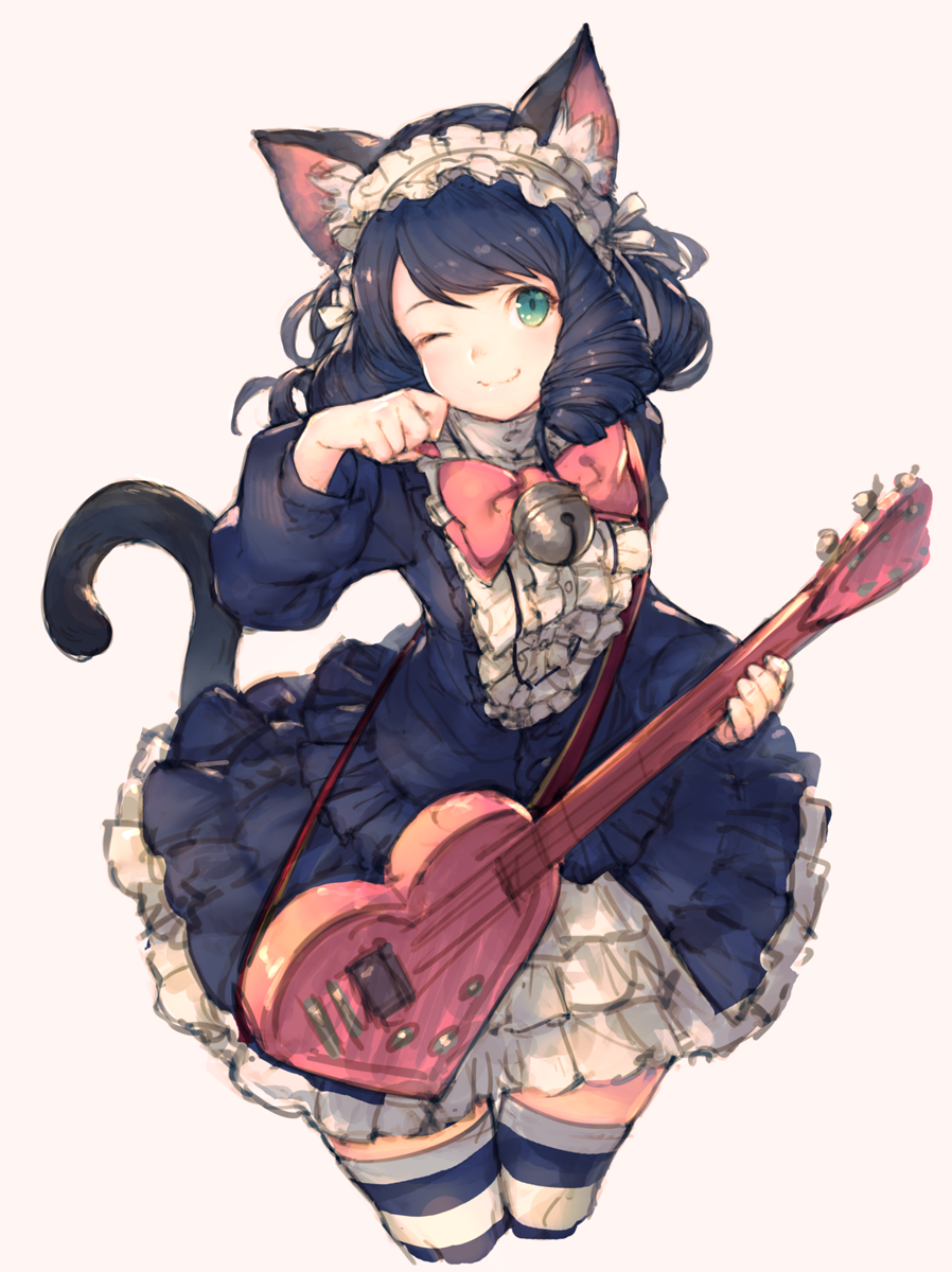 1girl ;) animal_ears bell black_hair blush bow cat_ears cat_tail curly_hair cyan_(show_by_rock!!) dress guitar hairband highres instrument jingle_bell junwool lolita_hairband looking_at_viewer multiple_girls one_eye_closed paw_pose revision show_by_rock!! simple_background smile solo striped striped_legwear tail thigh-highs white_background