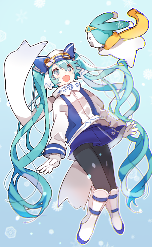 1girl black_legwear blue_eyes blue_hair blue_skirt boots fang gloves goggles goggles_on_hat hatsune_miku long_hair long_sleeves open_mouth pantyhose piyo_(ppotatto) rabbit scarf skirt smile solo twintails very_long_hair vocaloid white_gloves yuki_miku