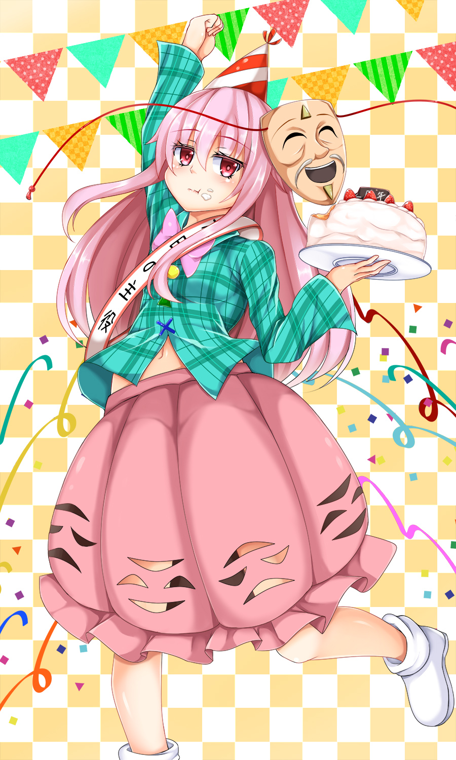 1girl bite_mark bow bubble_skirt cake confetti eating expressionless face_mask food food_on_face fruit hata_no_kokoro highres long_hair long_sleeves looking_at_viewer mask navel pink_eyes pink_hair plate raised_fist shirt skirt solo standing_on_one_leg strawberry tile_background tokoya touhou very_long_hair wide_sleeves