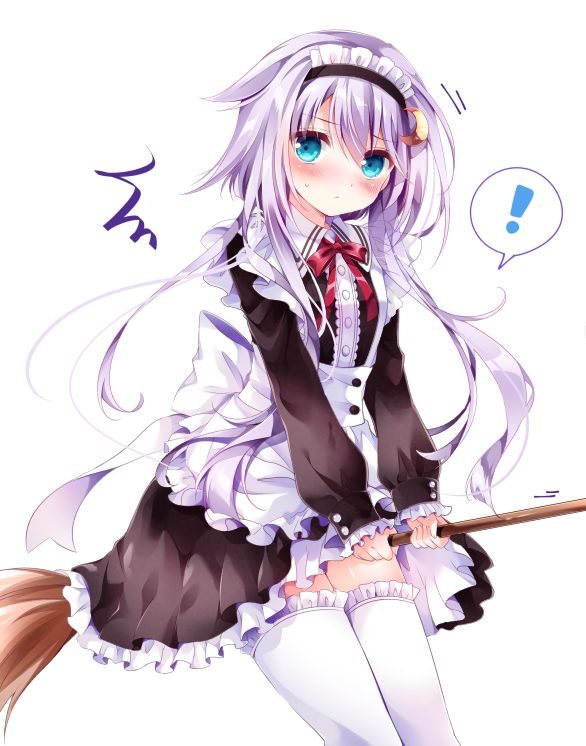! /\/\/\ 1girl alternate_costume apron blush broom broom_riding crescent_hair_ornament dress enmaided frilled_apron frilled_dress frilled_sleeves frills hair_ornament kantai_collection long_sleeves looking_at_viewer maid maid_headdress nogi_takayoshi purple_hair ribbon short_hair short_hair_with_long_locks simple_background solo spoken_exclamation_mark thigh-highs violet_eyes white_background yayoi_(kantai_collection)