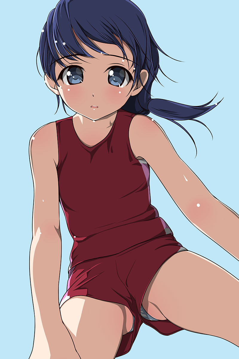 1girl blue_eyes blue_hair blush collarbone gym_uniform highres looking_at_viewer looking_down matsunaga_kouyou original panties ponytail shorts simple_background sleeveless solo striped striped_panties underwear