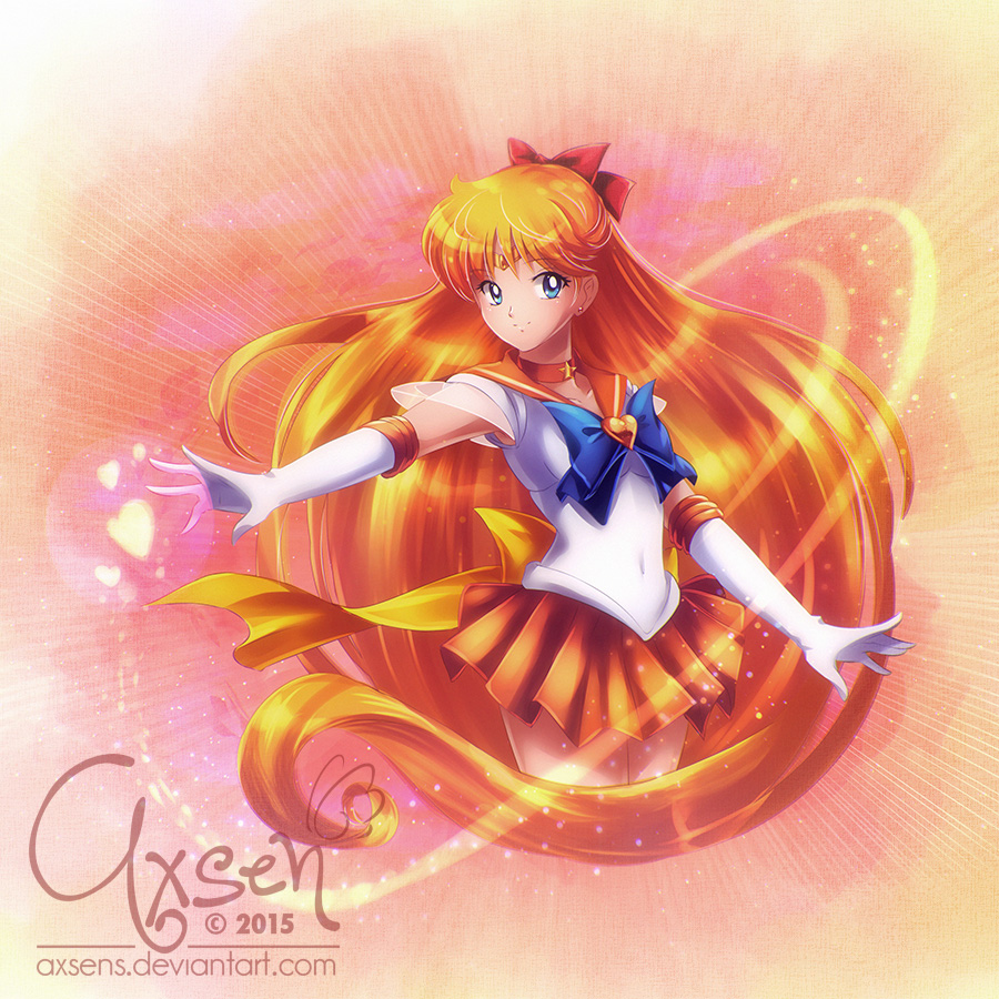 aino_minako axsen bishoujo_senshi_sailor_moon blonde_hair bow choker earrings elbow_gloves frilled_skirt frills gloves hair_bow heart jewelry long_hair magic multicolored_background sailor_venus signature skirt super_sailor_venus tiara very_long_hair watermark web_address