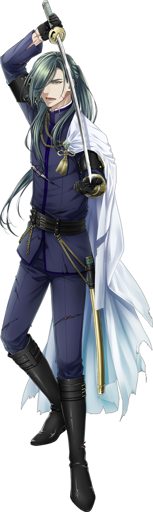 1boy black_gloves boots cape cuts full_body gloves green_hair hair_over_one_eye ichi-be injury long_hair male_focus nikkari_aoe official_art open_mouth sheath simple_background solo sword torn_clothes touken_ranbu transparent_background wakizashi weapon