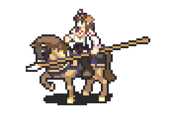 1girl brown_hair cavalier_(fire_emblem) crossover detached_sleeves double_bun fire_emblem hairband headgear horse horseback_riding japanese_clothes kantai_collection kongou_(kantai_collection) long_hair lowres nintendo pixel_art polearm riding solo spear weapon