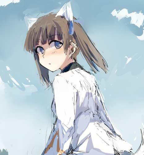 1girl :o animal_ears blue_sky cat_ears cat_tail clouds georgette_lemare hashigo long_hair long_sleeves lowres military military_uniform open_mouth sky solo strike_witches tail twintails uniform upper_body